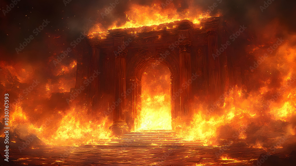 A fiery archway surrounded by flames and smoke. A fiery archway surrounded by flames and smoke.