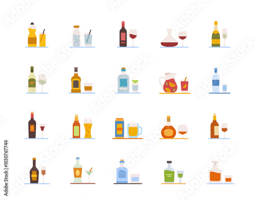 Alcoholic Drinks Icons. Colourful signs with wine, whiskey, champagne, beer, cocktail, vodka and gin. Beverages from bar menu. Flat vector illustration collection isolated on white background