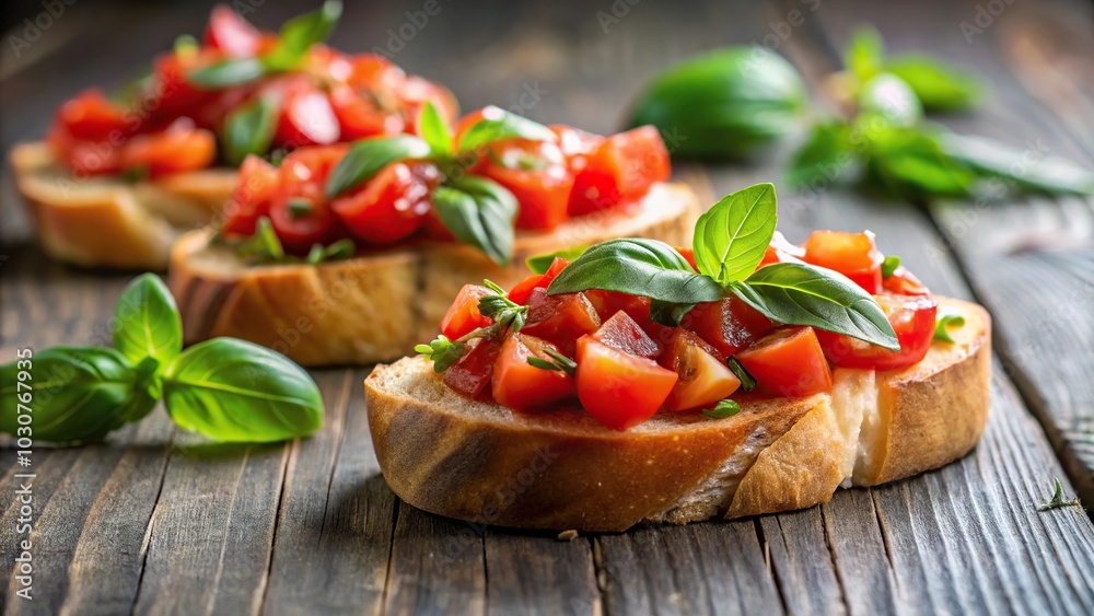 Fresh bruschetta with tomato and basil on a serving plate Fresh bruschetta with tomato and basil on a serving plate
