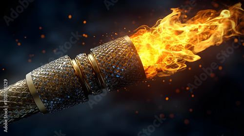 A flaming torch with intricate golden detailing and sparks.