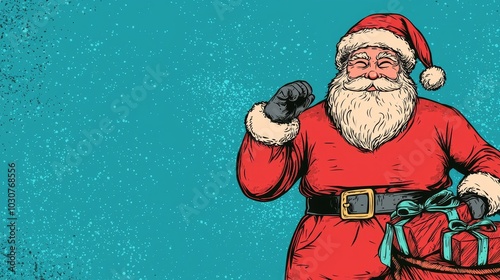 A jolly man with a Santa hat and glasses laughing heartily.