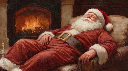 A festive image of Santa Claus napping by a warm fireplace, capturing the essence of holiday relaxation with vibrant colors and a cozy atmosphere.