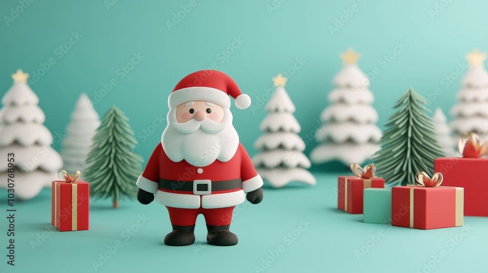 Fototapeta premium 3D cartoon Santa Claus in a snowy forest with colorful gift boxes, against a teal background.