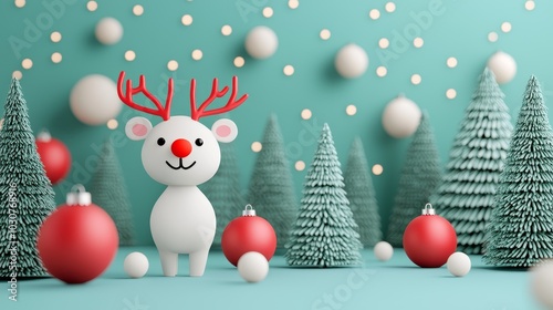 A charming Christmas scene in 3D cartoon style, featuring a cheerful reindeer, decorated trees, and red ornaments with a festive ambiance.