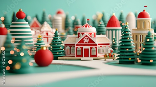 A charming Christmas town scene in 3D cartoon style, featuring decorated trees and red buildings with a festive ambiance.