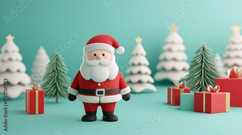 3D cartoon Santa Claus in a snowy forest with colorful gift boxes, against a teal background.