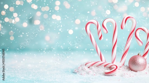 A charming Christmas-themed image featuring red and white candy canes, a pink glitter ornament, and a snowy background with sparkling bokeh lights.