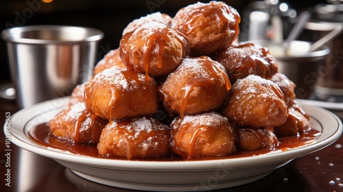 A Close-Up View of a Tower of Caramel-Drizzled Doughnuts, Powdered Sugar Coating Each Bite-Sized Treat, with a Pool of Caramel Sauce at the Base