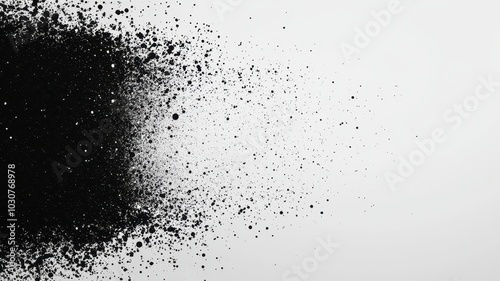 An abstract image featuring a dispersing black powder against a white background, creating a striking contrast and dynamic visual effect.