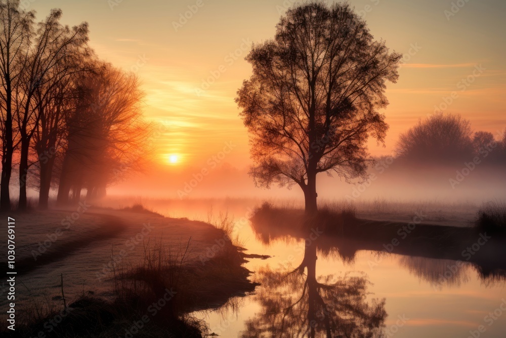 Foggy dawn landscape sunlight outdoors sunset. Foggy dawn landscape sunlight outdoors sunset.