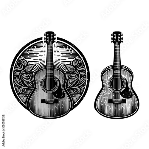 Hand drawn illustration vector acoustic guitar. Retro vintage style	