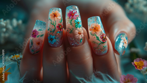 Hands of a young woman with a manicure. The nails are covered with gel polish with colored French and flowers