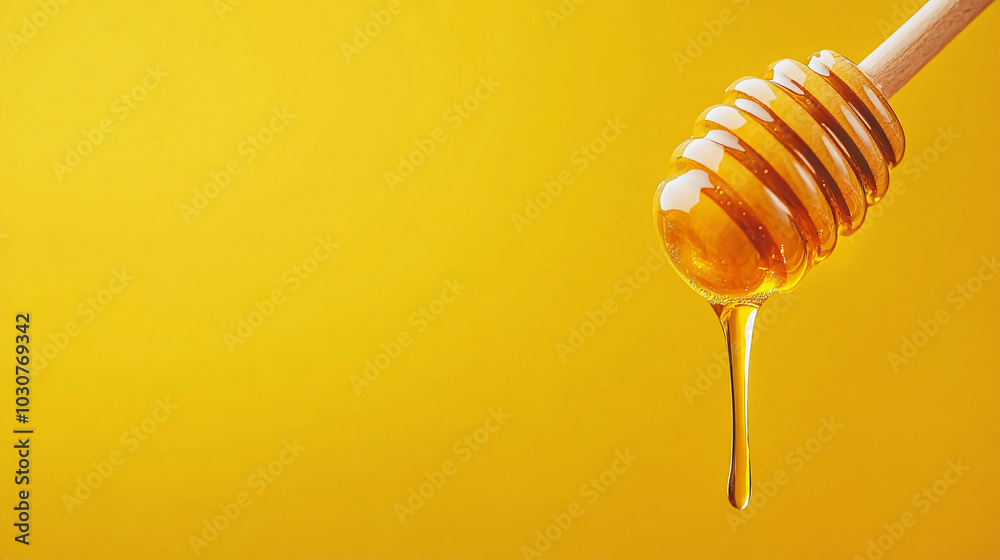 Honey Dipper Dripping Golden Honey on Yellow Background with Copy Space. Perfect for Organic Sweeteners, Food, and Health Products. Honey Dipper Dripping Golden Honey on Yellow Background with Copy Space. Perfect for Organic Sweeteners, Food, and Health Products.