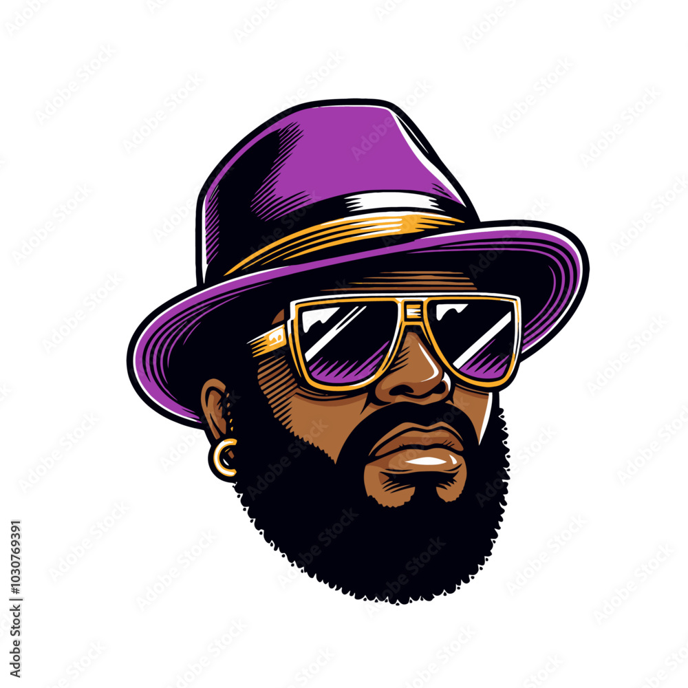 Fototapeta premium Pimp head in purple hat and gold glasses isolated 