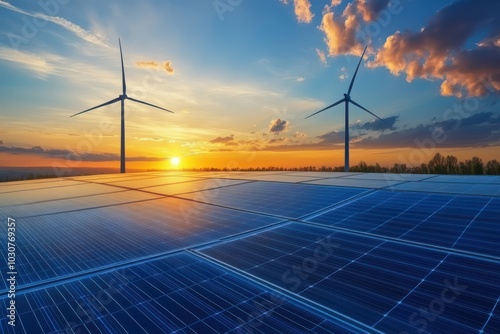 Solar panels and wind turbines at sunset symbolize renewable energy, sustainability, and eco-friendly power generation.