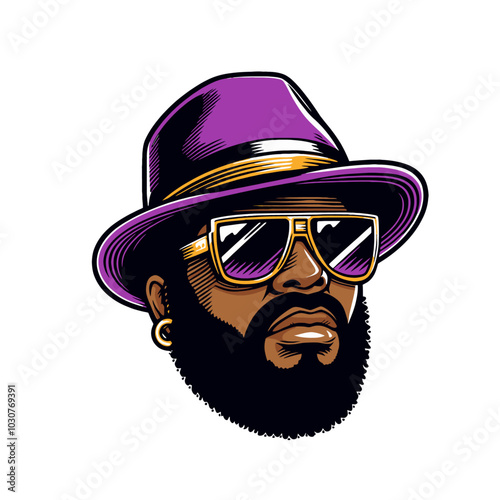 Pimp head in purple hat and gold glasses isolated	
