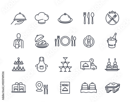 Catering line icons set. Simple symbols with restaurant menu, waiter, dish, cutlery and delivery service. Editable stroke. Outline vector illustration collection isolated on white background