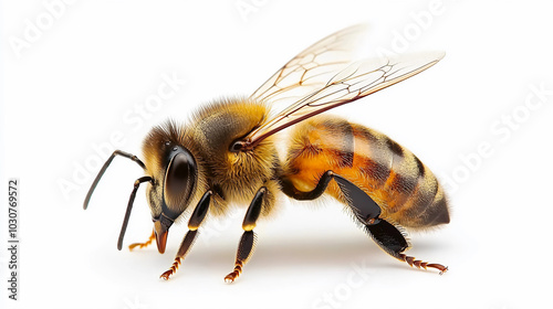 Closeup of Honey Bee Isolated on White Background