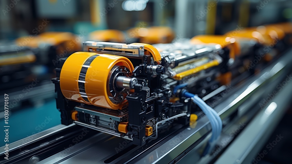 Closeup of a Modern Industrial Printing Press, Featuring a Shiny Yellow Ink Roller and a Complex Network of Tubes and Wires Closeup of a Modern Industrial Printing Press, Featuring a Shiny Yellow Ink Roller and a Complex Network of Tubes and Wires