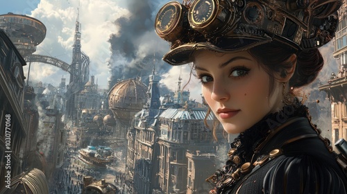 A woman in a steampunk outfit in a futuristic city.