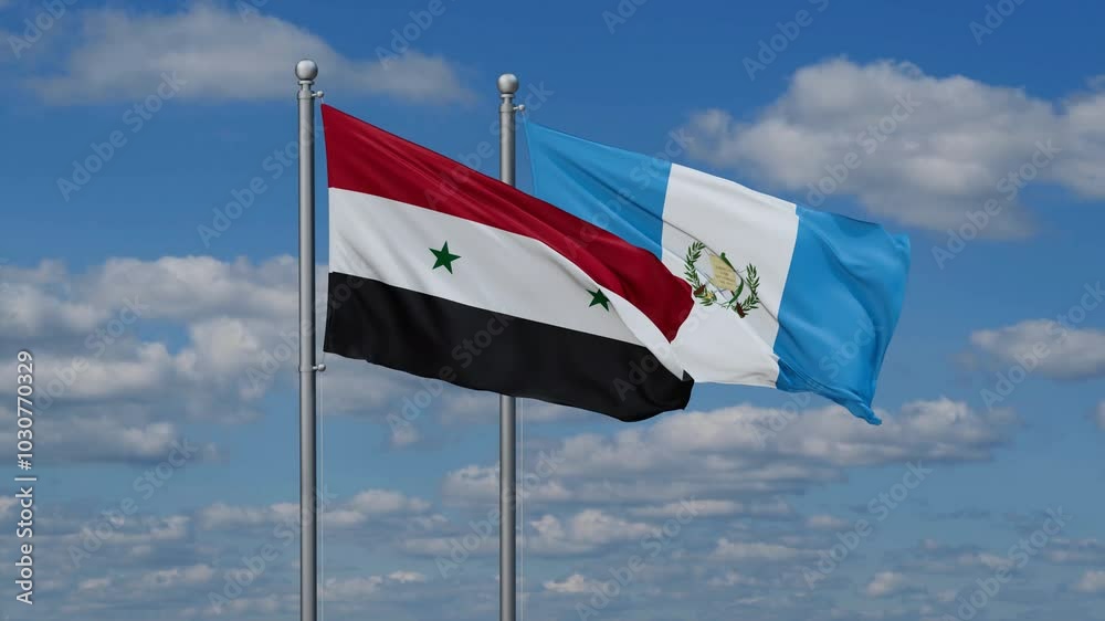 Guatemala and Syria flags flying together, video concept of the relationship, two country relations concept Guatemala and Syria flags flying together, video concept of the relationship, two country relations concept