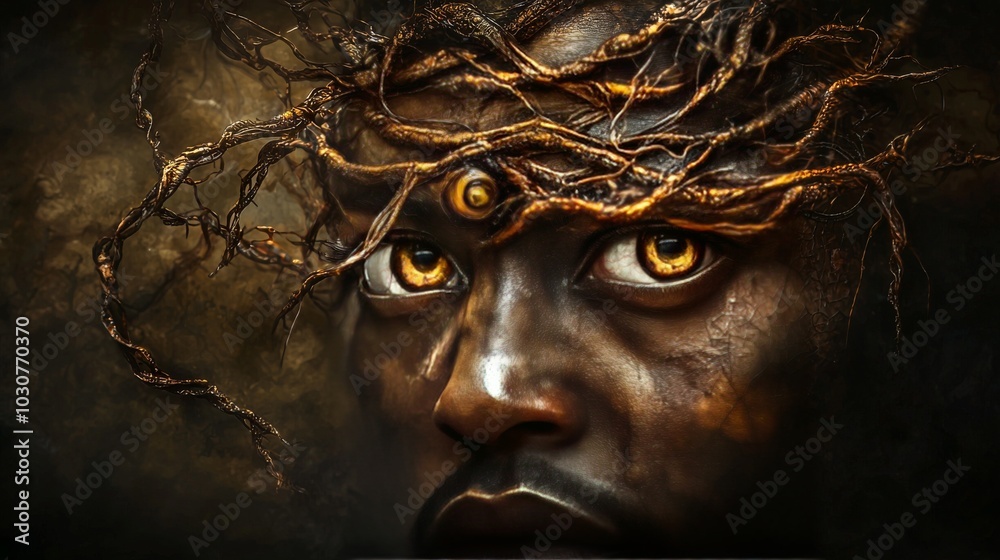 Mystical Portrait of a Man with Glowing Eyes and Branches Mystical Portrait of a Man with Glowing Eyes and Branches