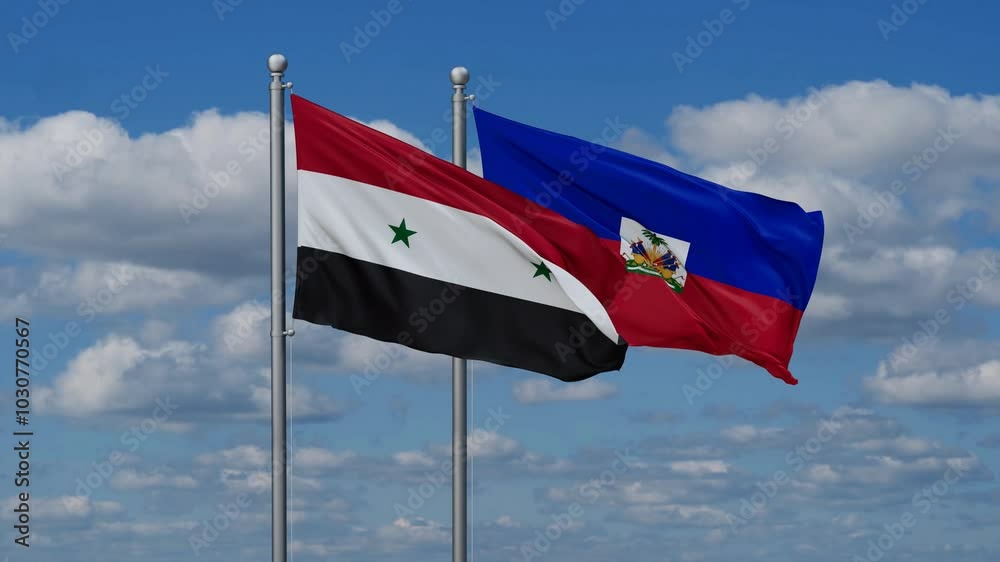 Haiti and Syria flags flying together, video concept of the relationship, two country relations concept Haiti and Syria flags flying together, video concept of the relationship, two country relations concept