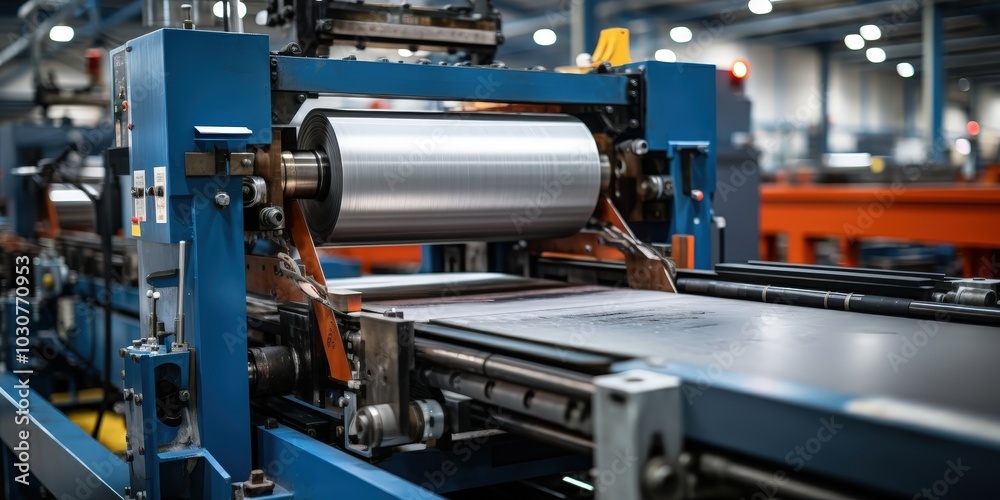 A close-up view of a large industrial machine with a metal roll and a conveyor belt, showcasing the intricate details of manufacturing processes A close-up view of a large industrial machine with a metal roll and a conveyor belt, showcasing the intricate details of manufacturing processes