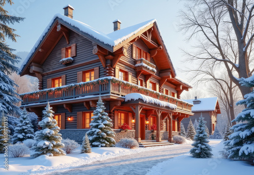 Wallpaper Mural Wooden chalet house on Christmas Eve decorations Torontodigital.ca