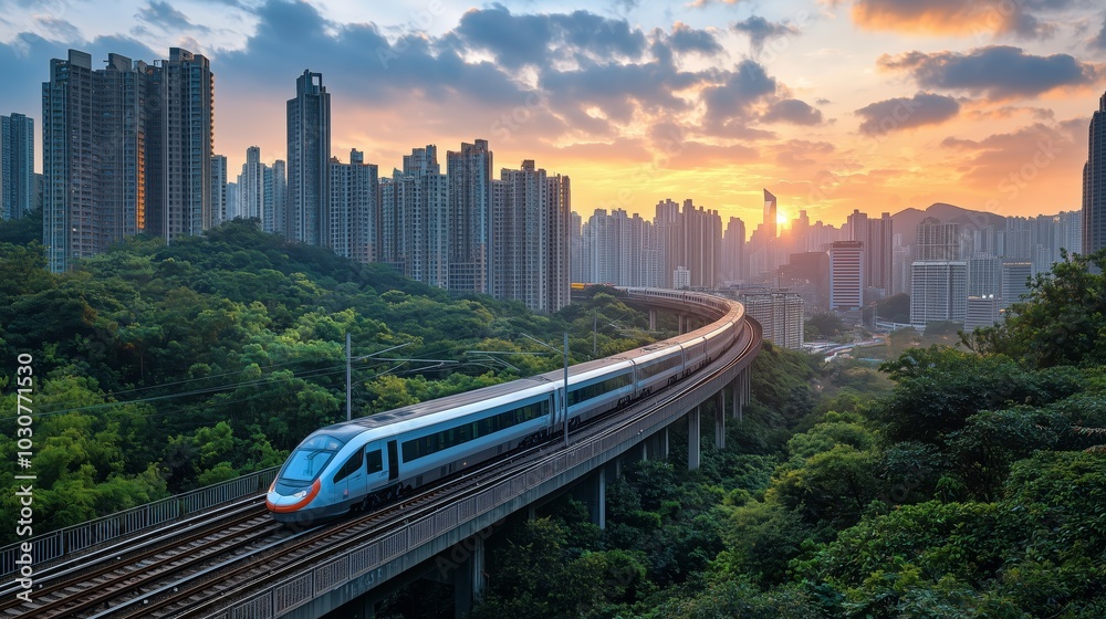 Naklejka premium Modern High-Speed Train in Urban Landscape at Sunset
