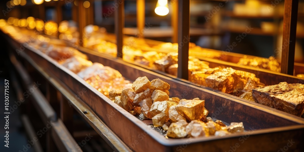 A Close-Up View of Rough Gold Nugget Specimens Displayed in a Wooden Trough with a Light Source Overhead A Close-Up View of Rough Gold Nugget Specimens Displayed in a Wooden Trough with a Light Source Overhead