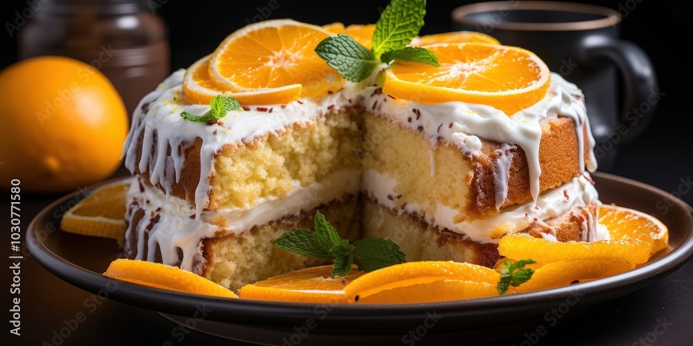 A slice of cake decorated with orange slices and topped with frosting, served on a plate with orange slices A slice of cake decorated with orange slices and topped with frosting, served on a plate with orange slices