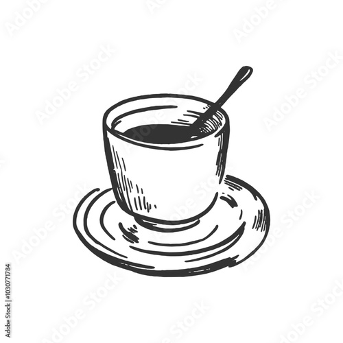Coffee Cup and Saucer. A hand-drawn illustration of a coffee cup and saucer with a spoon resting on the saucer. The image is in black and white and has a vintage, sketch-like style.