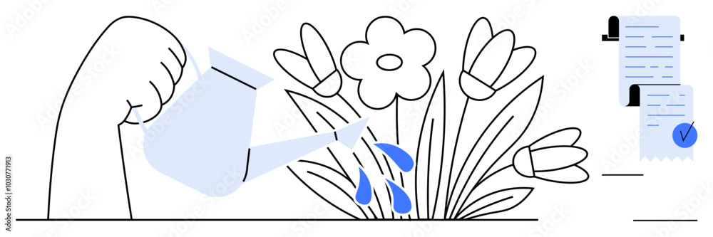 Fototapeta premium A hand holding a watering can nurtures blooming flowers with documents nearby. Ideal for growth, nurturing, business processes, self-improvement, and organization. Minimalist vector style in blue