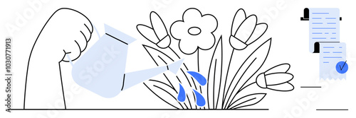 A hand holding a watering can nurtures blooming flowers with documents nearby. Ideal for growth, nurturing, business processes, self-improvement, and organization. Minimalist vector style in blue