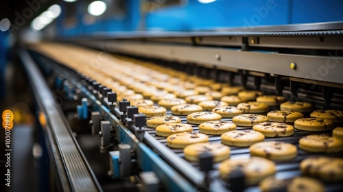 A conveyor belt moves freshly baked cookies along a production line, demonstrating the industrial process of food manufacturing.