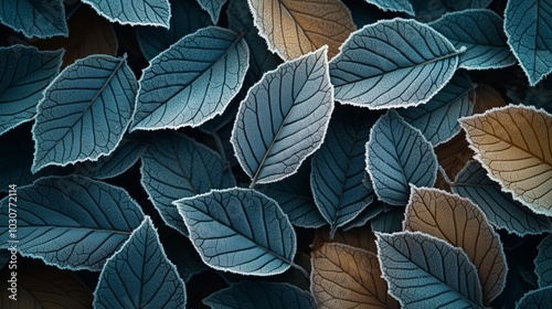 Frost Covered Leaves in Early Morning Macro Shot