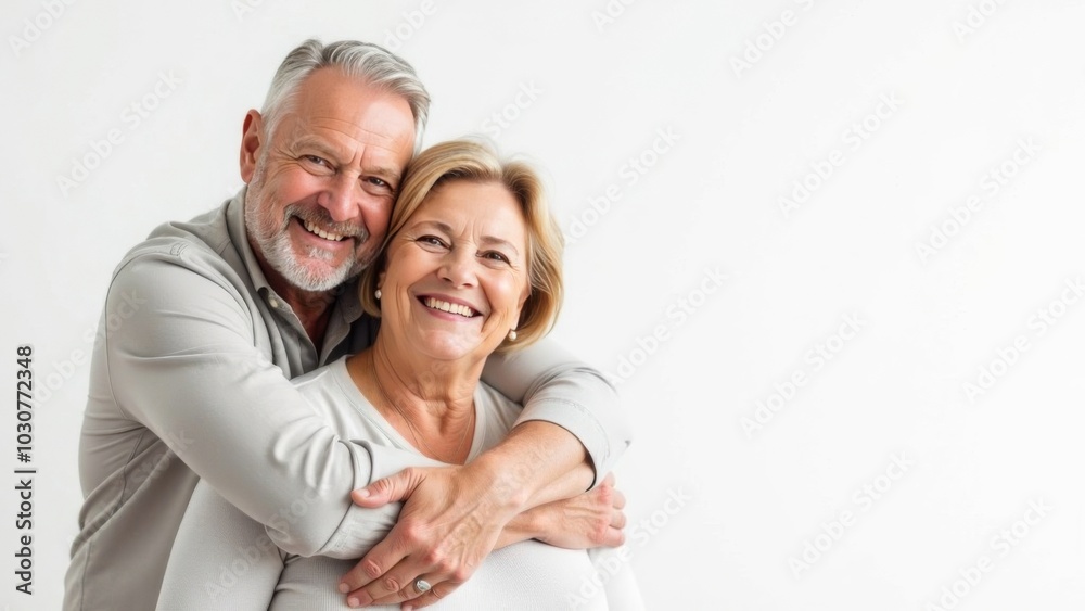 Elderly couple hugging, smiling on a white background, great mood. Free space for text Elderly couple hugging, smiling on a white background, great mood. Free space for text