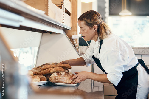 Foto Bakery, busy and woman with bread in cafe for serving food, products and pastry for small business