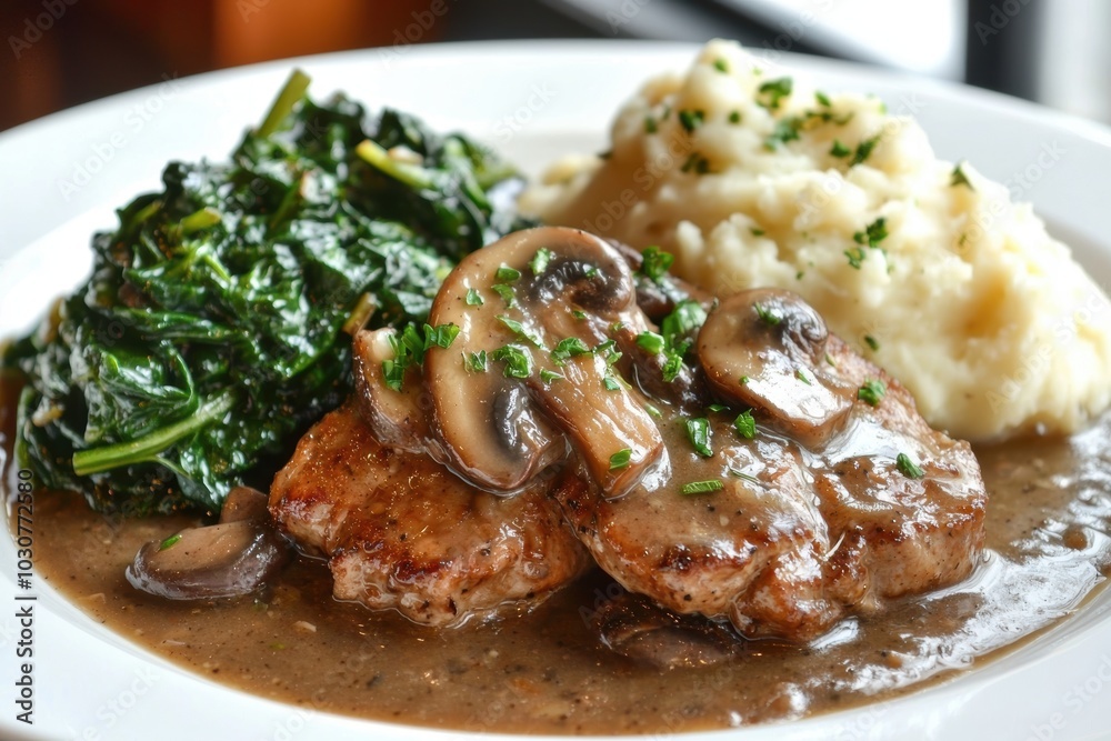 Gourmet Veal Marsala Dish with Mushrooms, Mashed Potatoes, and Sautéed Spinach