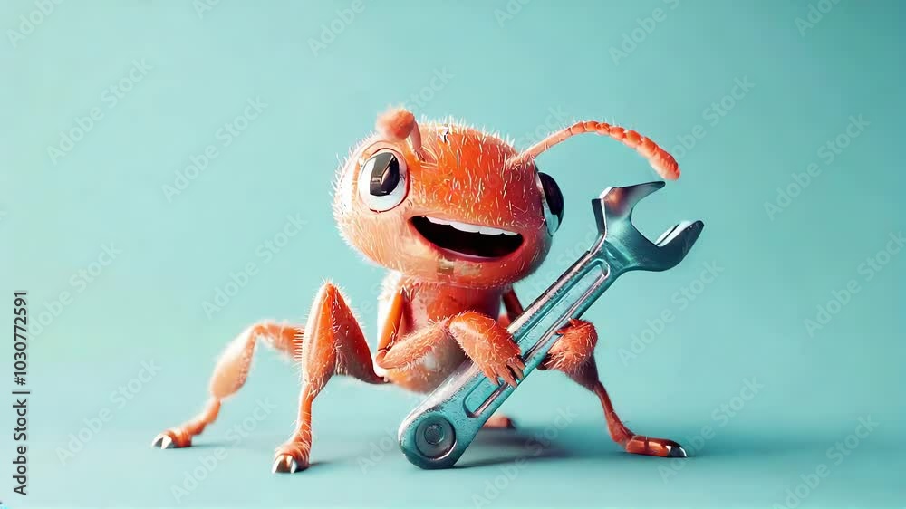 3D animated ant character holding a wrench and smiling playfully. Concept of teamwork and problem-solving in a fun and creative style.