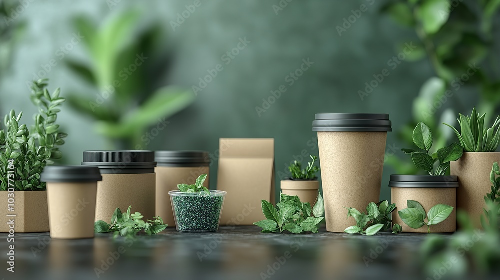 Mockups illustrating sustainable packaging solutions with biodegradable plastic alternatives and recycled paper products, designed to emphasize their environmental consciousness. High resolution Mockups illustrating sustainable packaging solutions with biodegradable plastic alternatives and recycled paper products, designed to emphasize their environmental consciousness. High resolution