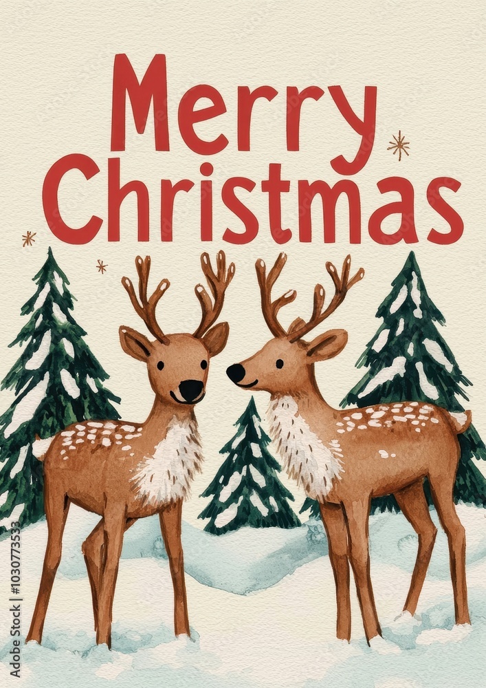 A festive illustration featuring two reindeer and evergreen trees, adorned with the cheerful greeting A festive illustration featuring two reindeer and evergreen trees, adorned with the cheerful greeting