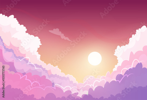 Sunset sky with clouds. Anime style dusk scene with sun shining and purple fluffy clouds. Sunny day evening skies vector illustration. Clear weather scene.