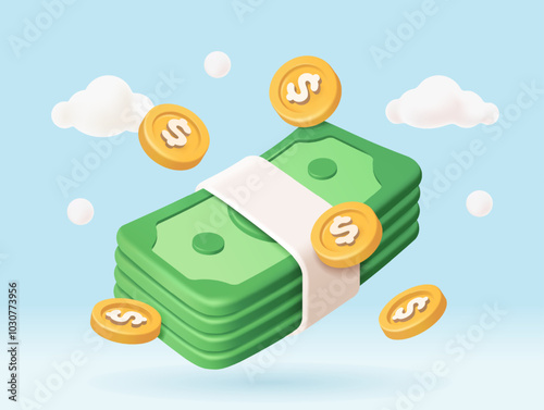 3D Money icon. Rendering with green dollar bills and gold coins. Managing finances, budget, income and expenses. Wealth and Profit. Realistic vector illustration in plasticine style