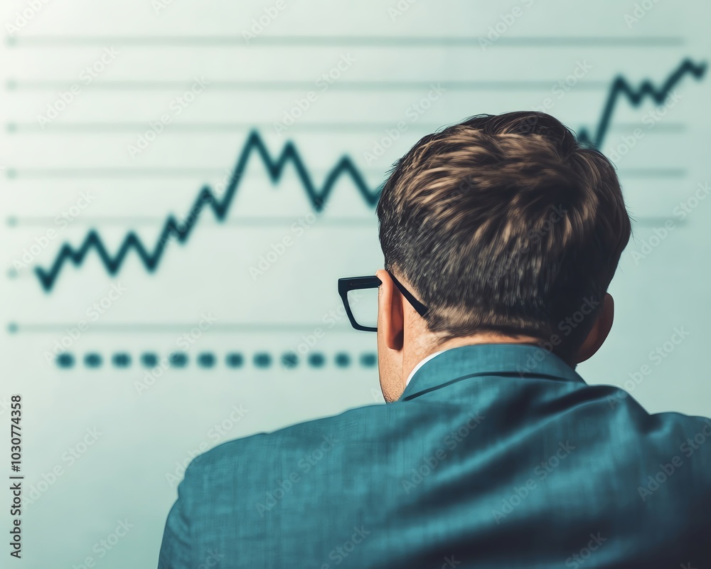 Businessman observing a falling interest rate graph with concern, economic downturn visualization Businessman observing a falling interest rate graph with concern, economic downturn visualization