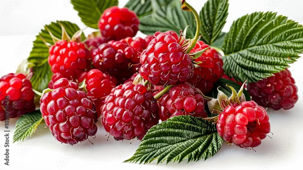 A cluster of ripe raspberries sits on a white surface, surrounded by green leaves A cluster of ripe raspberries sits on a white surface, surrounded by green leaves