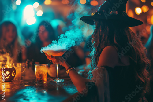 Bartender mixing a drink at a halloween party. Copy space background