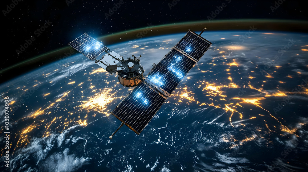 Satellite orbiting Earth, capturing data and imagery. Satellite orbiting Earth, capturing data and imagery.