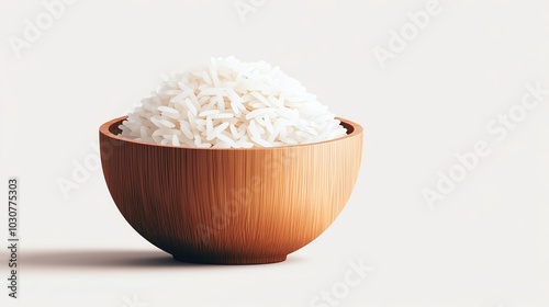 A bowl of rice grains, staple food ingredient, minimalist vector, white and brown, isolated on white background photo